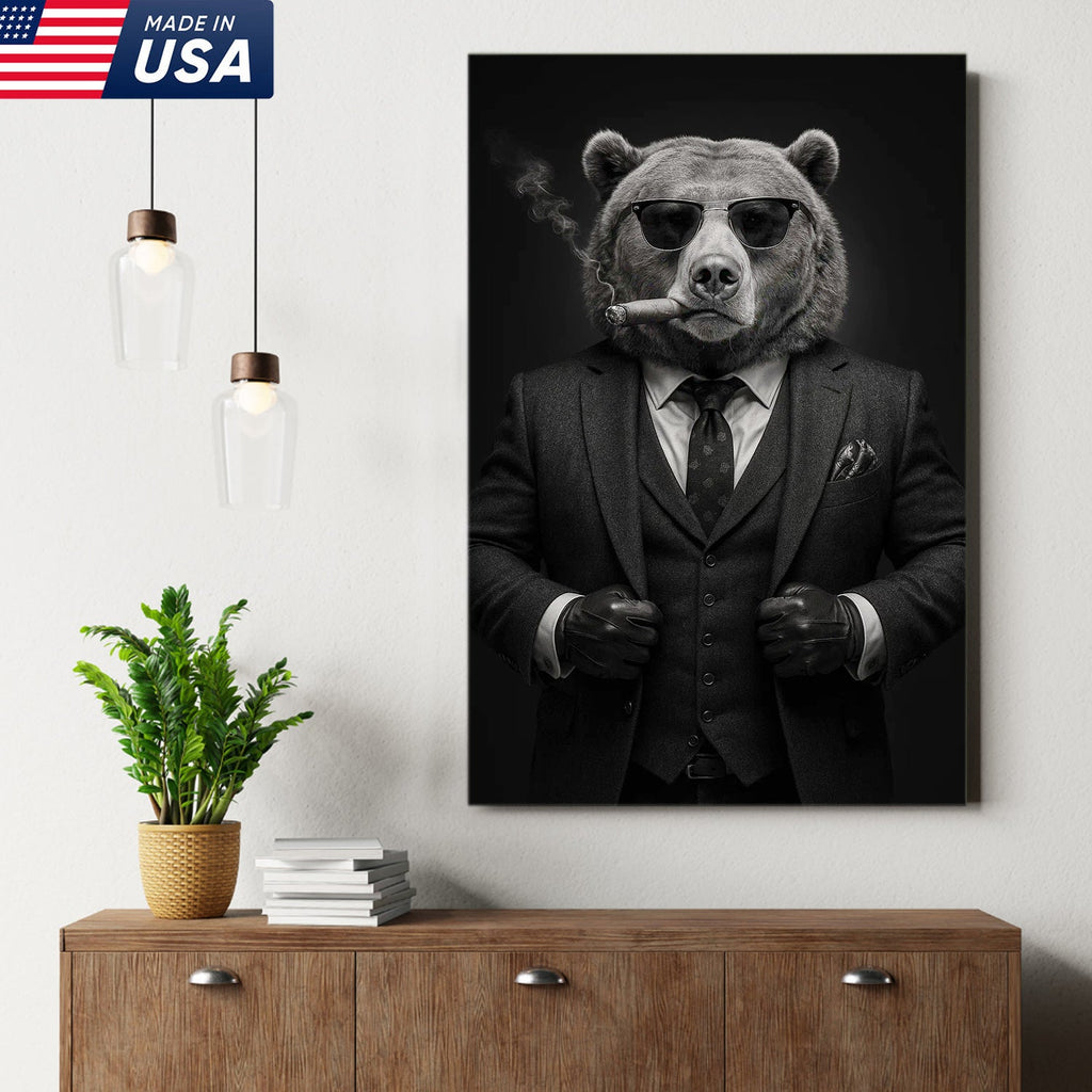 Bear in Suit Canvas Wall Art, Black and White Animal Portrait, Modern Office Decor for Men