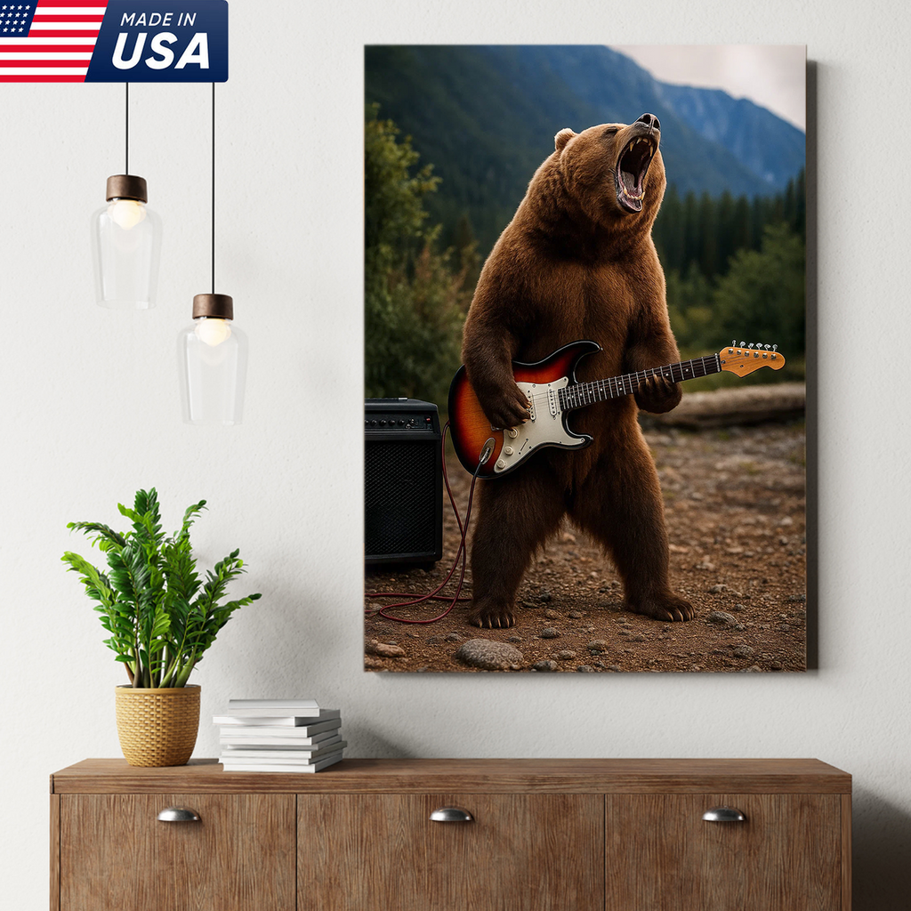 Funny Bear Canvas Wall Art – Rock and Roll Wildlife Decor, Guitar Playing Grizzly