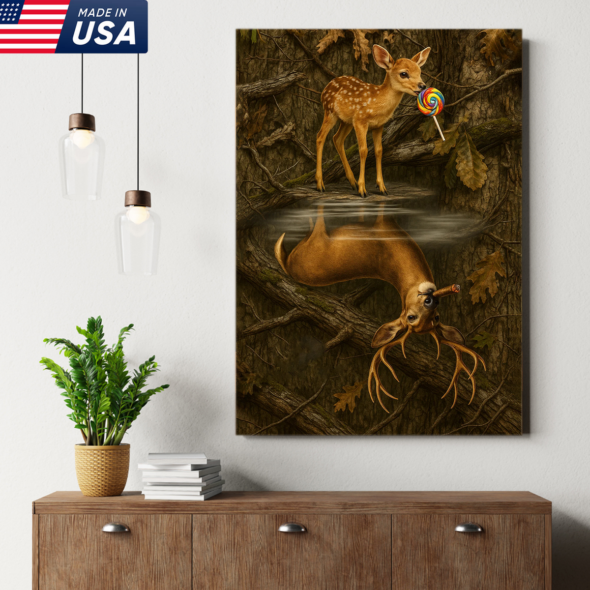 Whimsical Deer Reflection Canvas Art - Cute Fawn with Lollipop Forest Scene