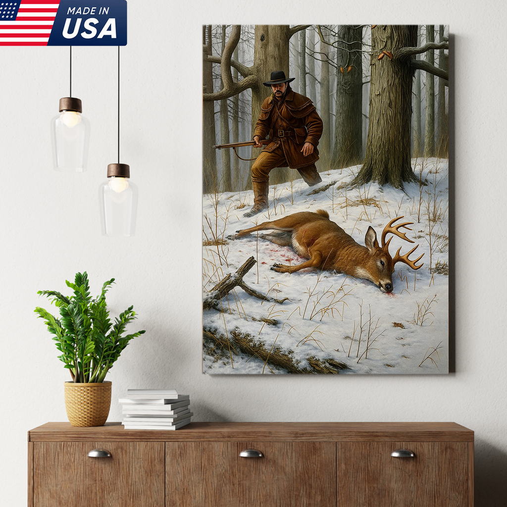 Deer Hunting Canvas Wall Art – Rustic Winter Forest Scene, Hunter with Rifle and Buck