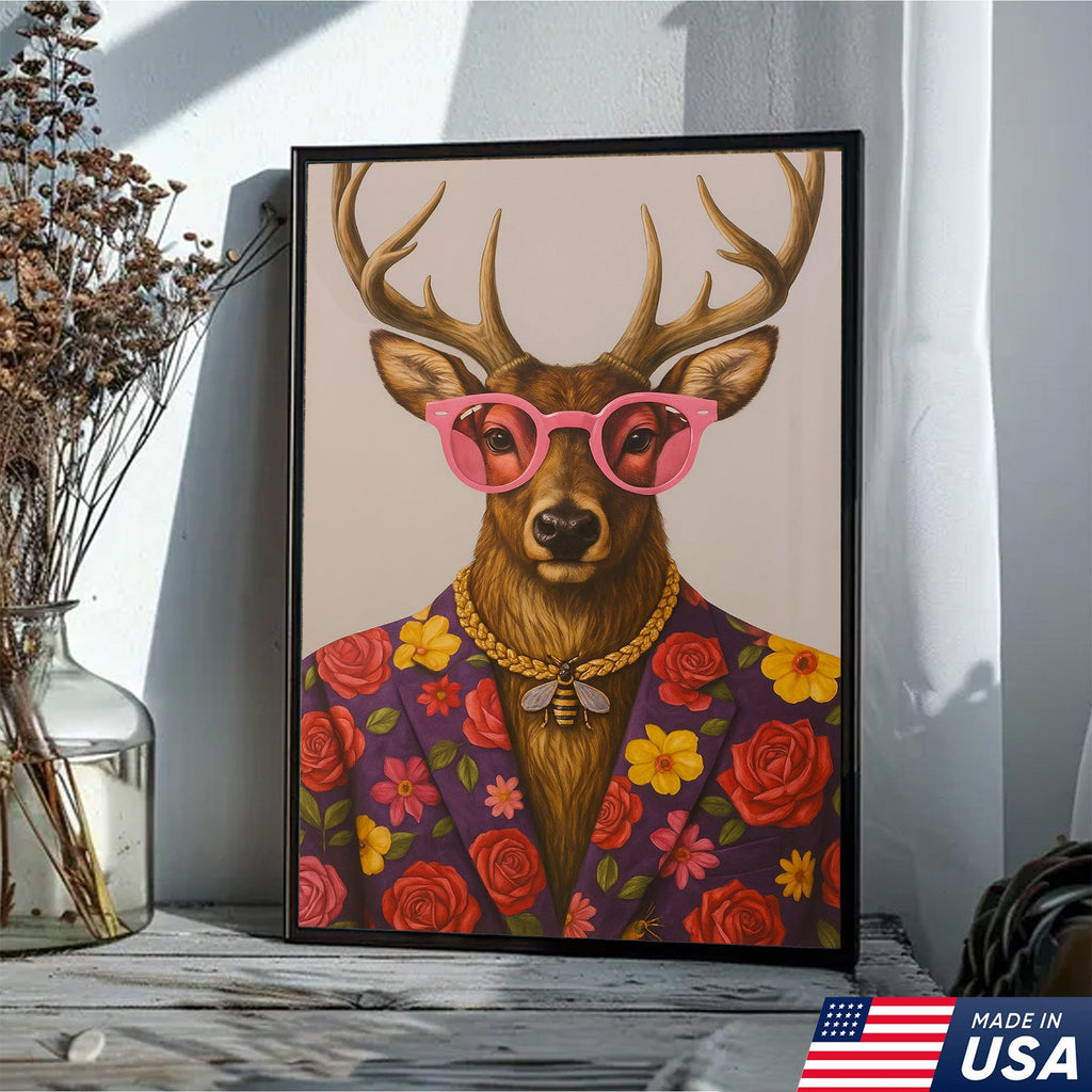 Funny Deer Wall Art Canvas – Stylish Hunter Canvas with Floral Suit & Sunglasses