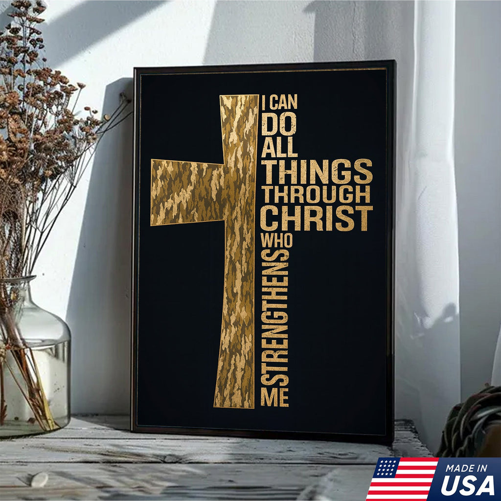 Camo Cross Christian Canvas Wall Art, Philippians 413 I Can Do All Things Through Christ Verse
