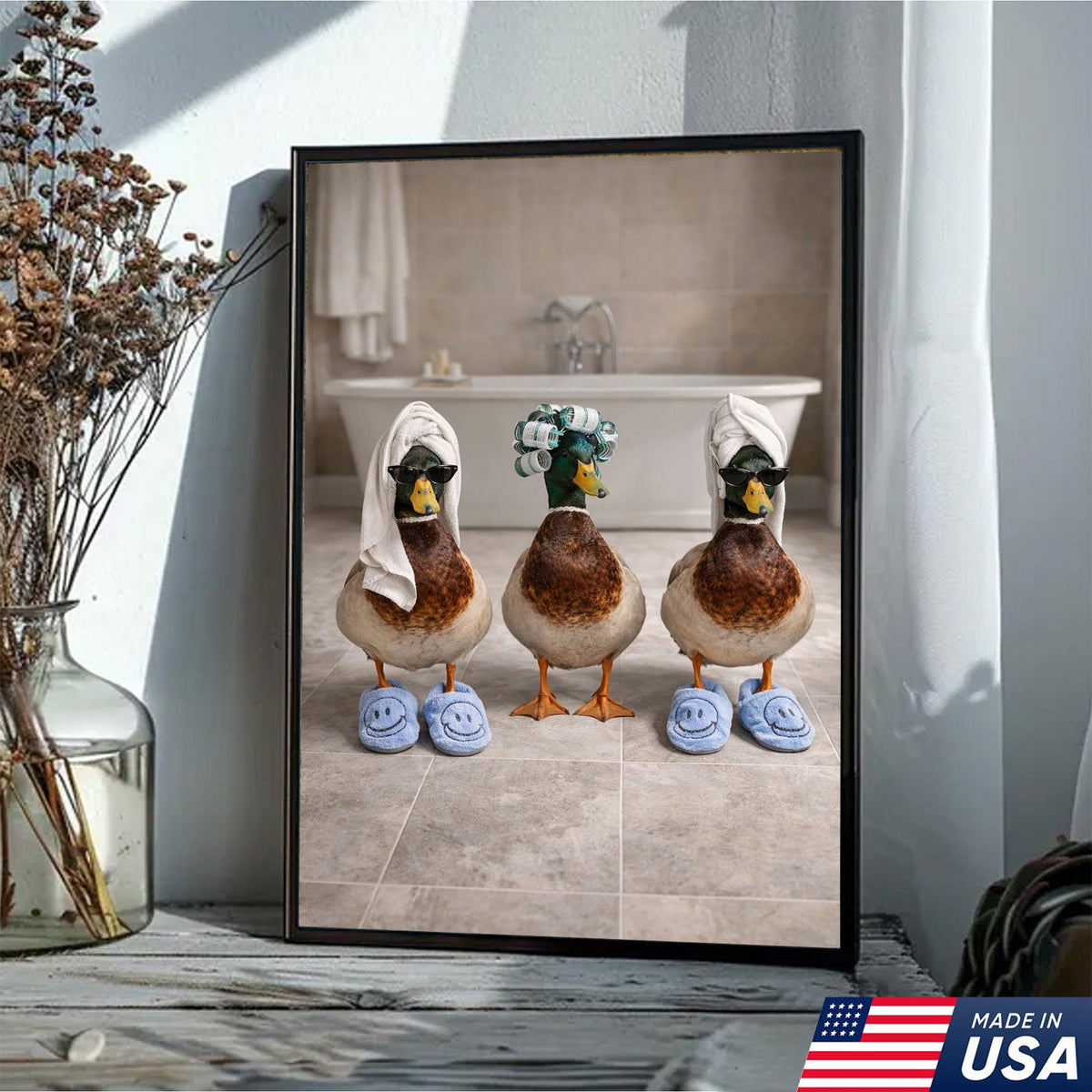 Funny Duck Spa Bathroom Canvas Wall Art, Whimsical Farm Animal Self Care Illustration