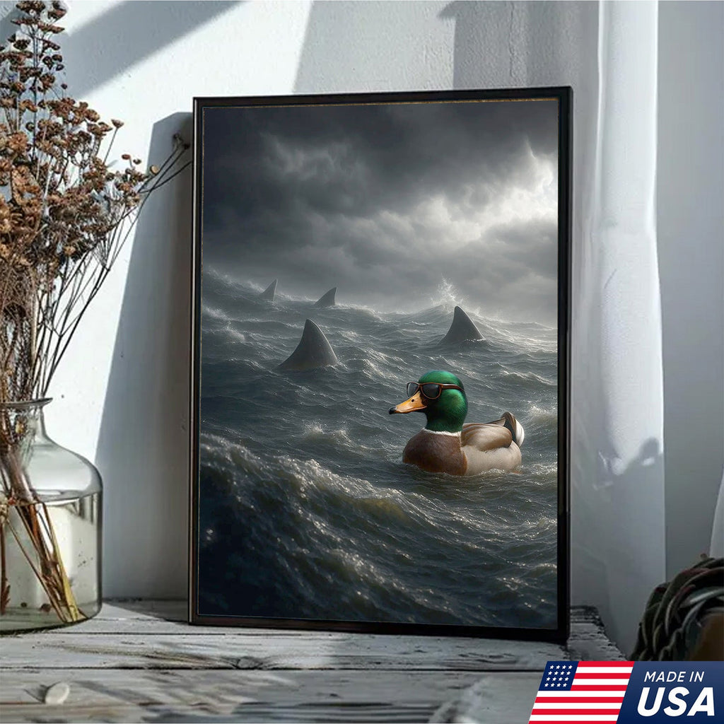 Funny Duck in Shark Infested Waters Canvas Wall Art, Cool Sunglasses Duck Ocean Storm Print