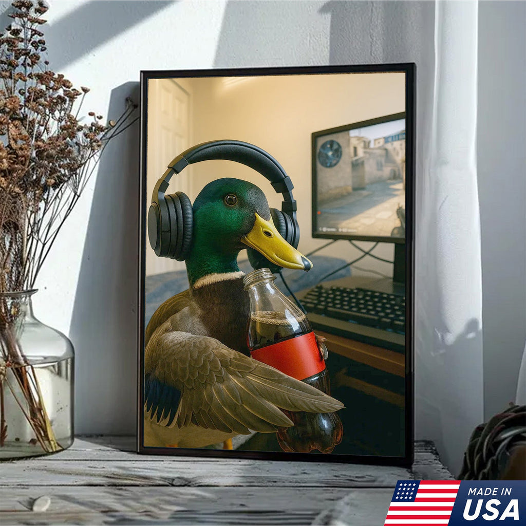 Funny Gamer Duck Canvas Wall Art, Mallard With Headphones and Soda