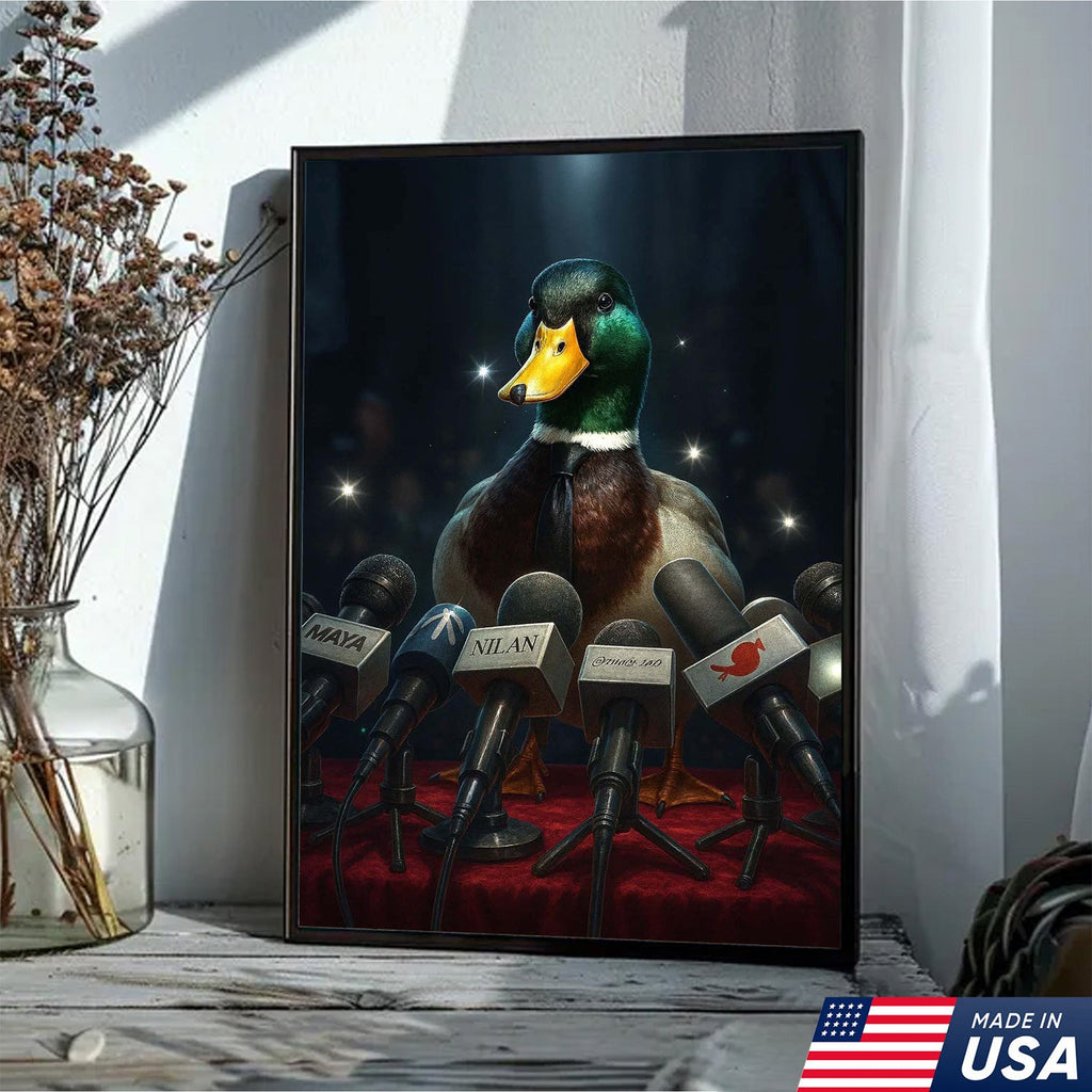 Confident Duck Press Conference Canvas Wall Art, Funny Animal Leader Humor Artwork