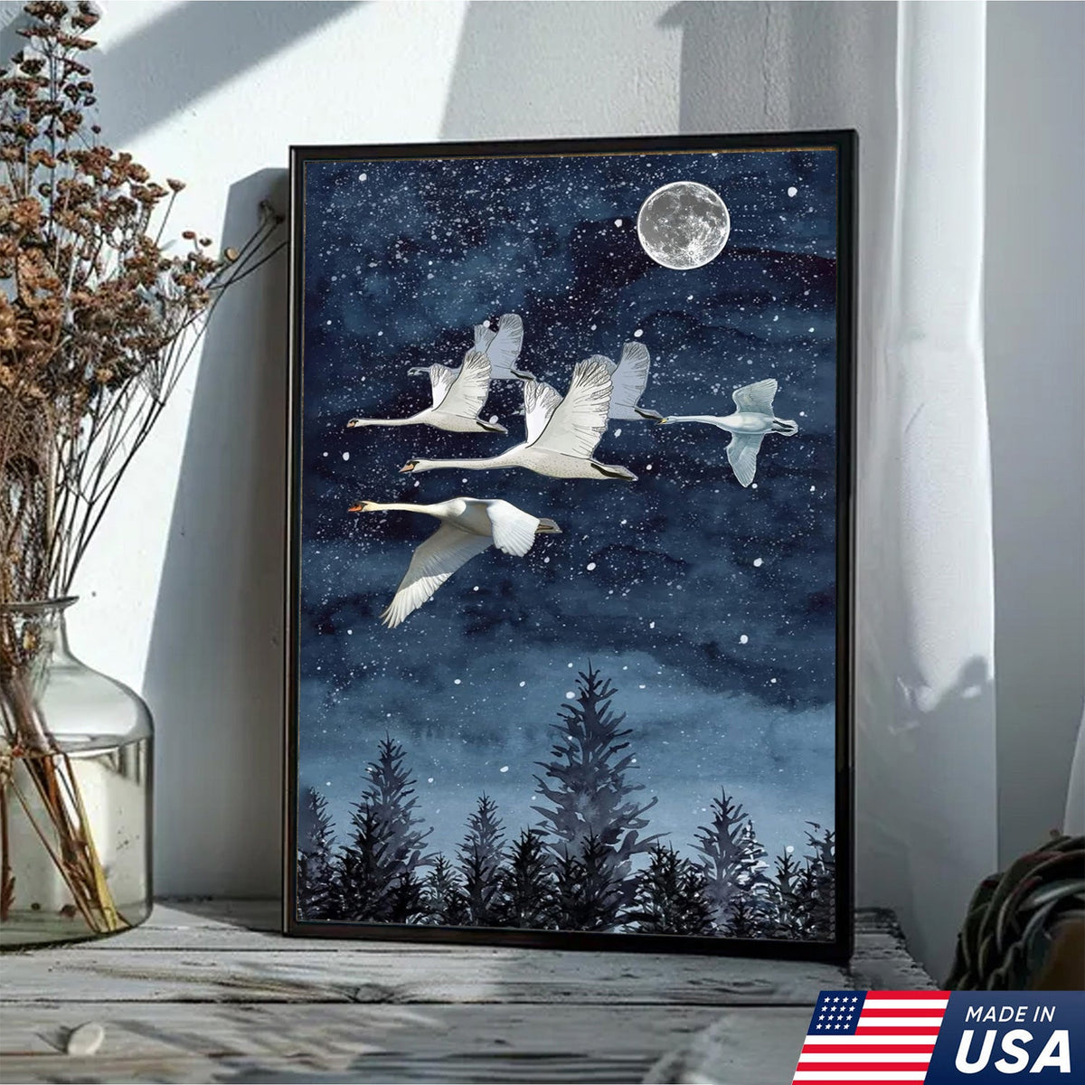 Moonlit Swan Flight Canvas