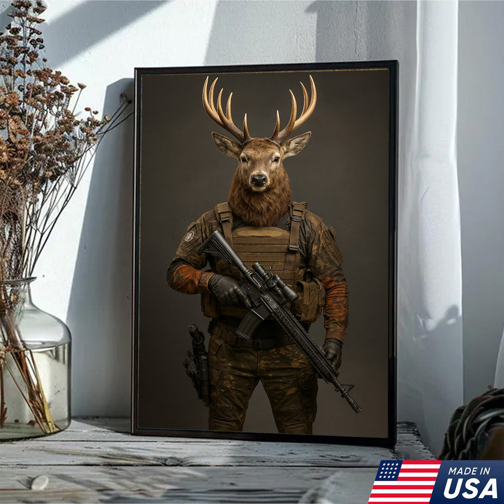 Tactical Deer Soldier Wall Art Canvas – Military Buck Canvas Print for Man Cave & Hunter Decor