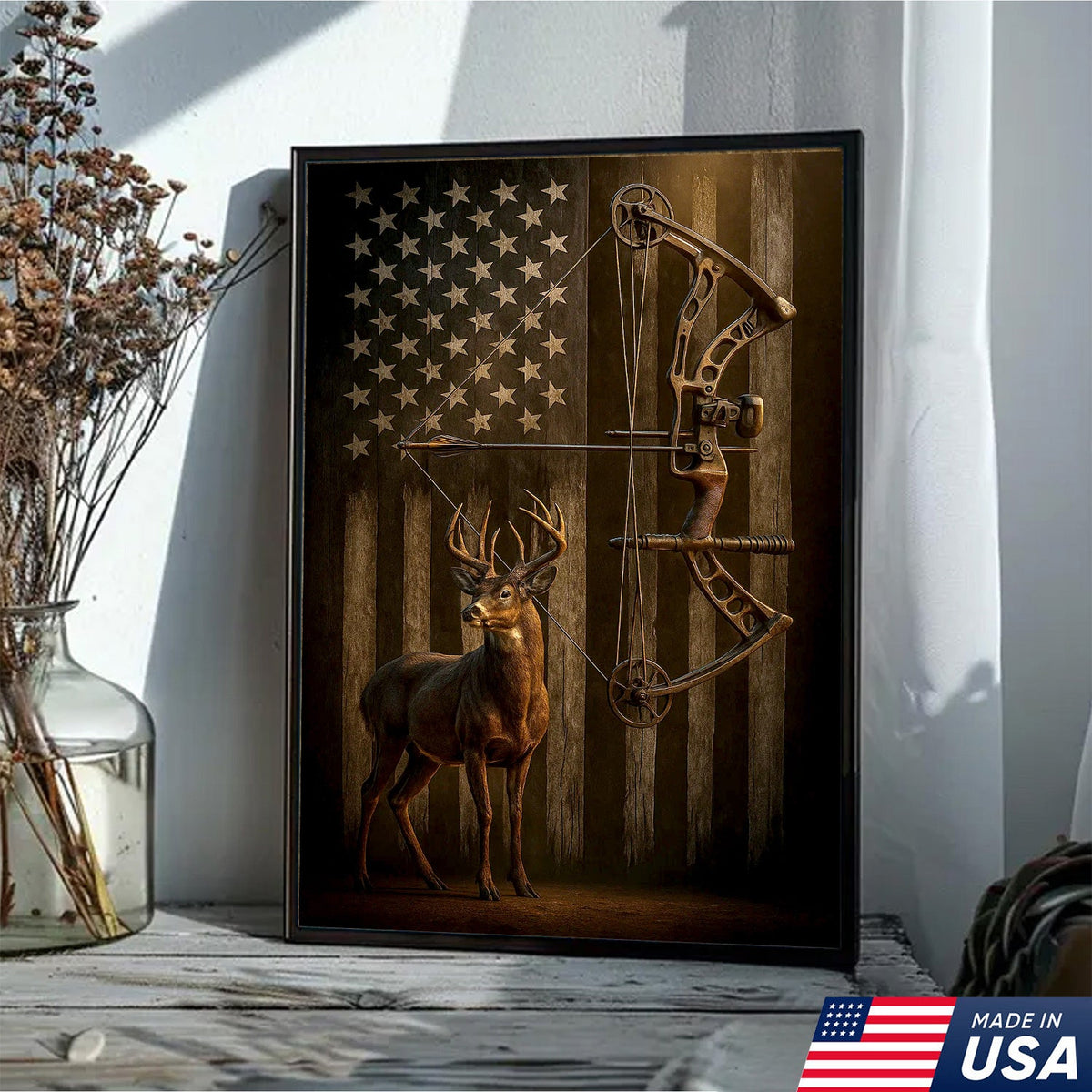 Deer and Bow American Flag Canvas Wall Art — Patriotic Hunting Decor Featuring Buck and Compound Bow