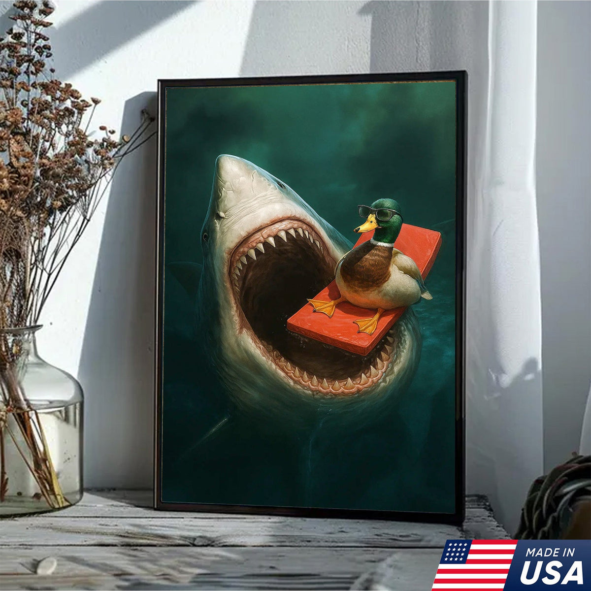 Funny Duck Shark Canvas Wall Art, Fearless Sunglasses Duck Floating Above Shark Jaws Print