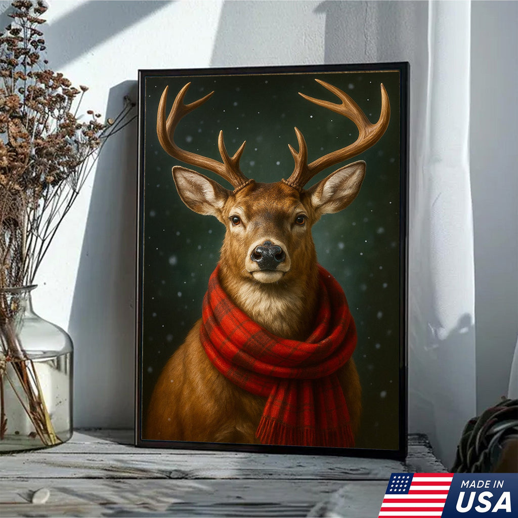 Winter Buck in Red Scarf – Christmas Cabin Wall Art, Rustic Christmas Decor
