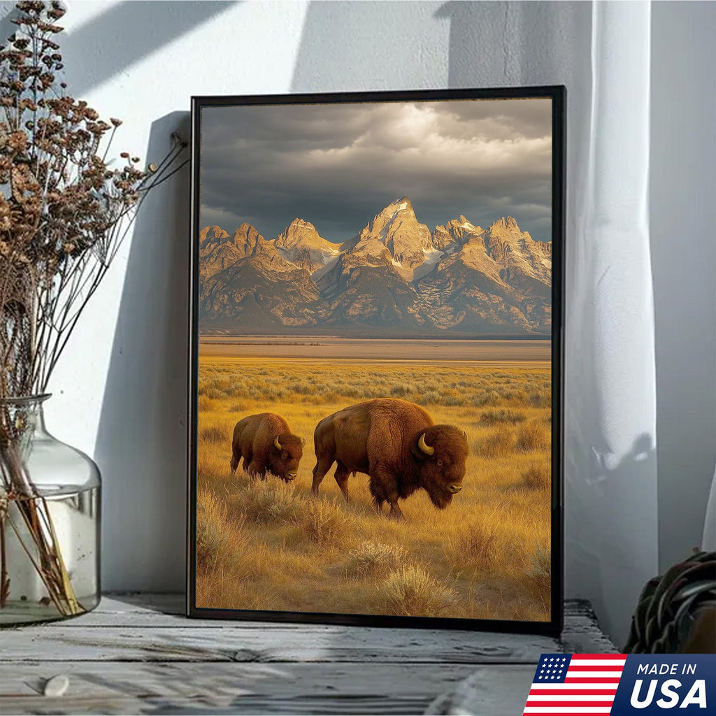 Buffalo Bison Canvas Wall Art, Grand Teton Mountain Landscape Print