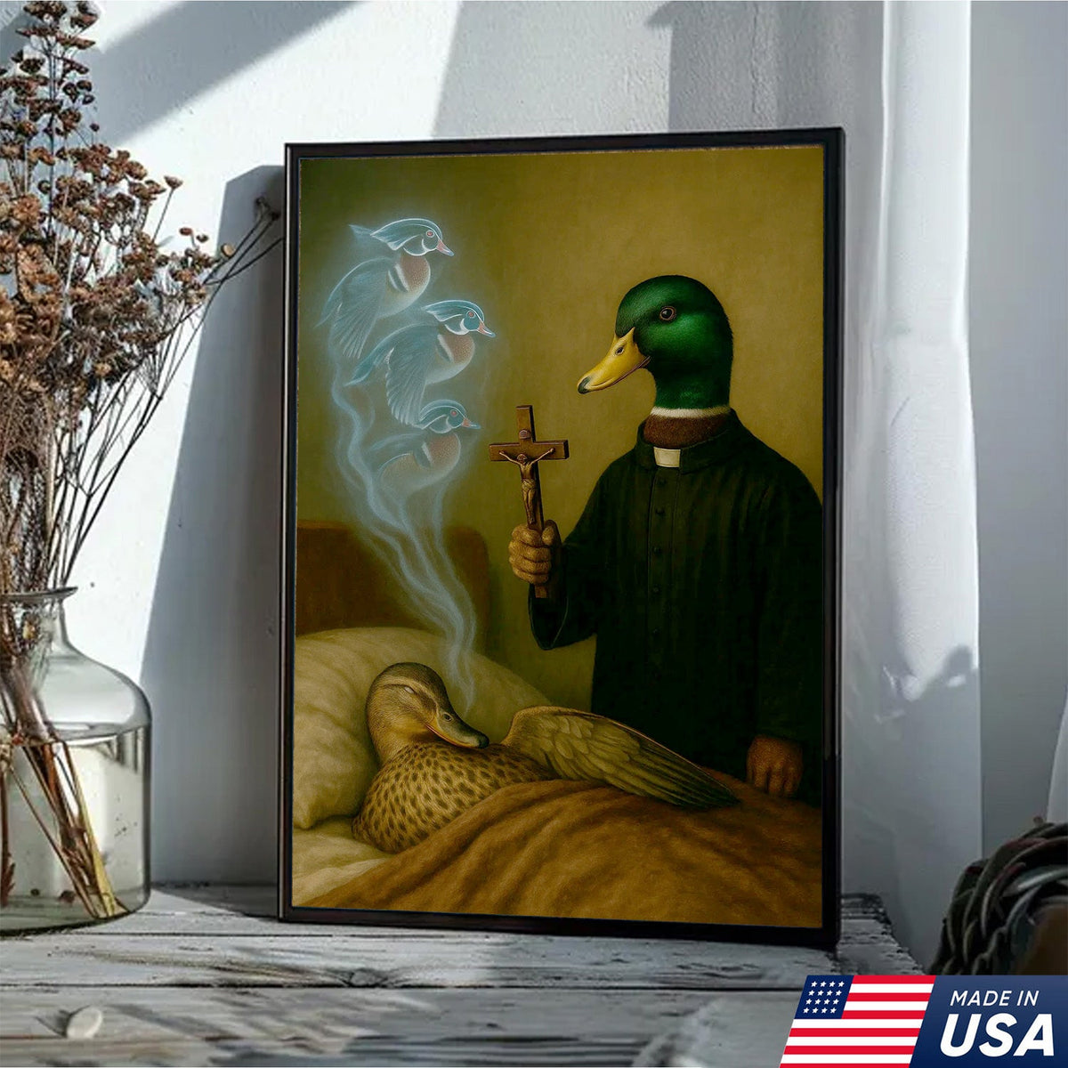 Priest Duck Canvas Wall Art, Surreal Animal Artwork, Funny Dark Humor Painting, Unique Gift for Hunters or Art Collectors