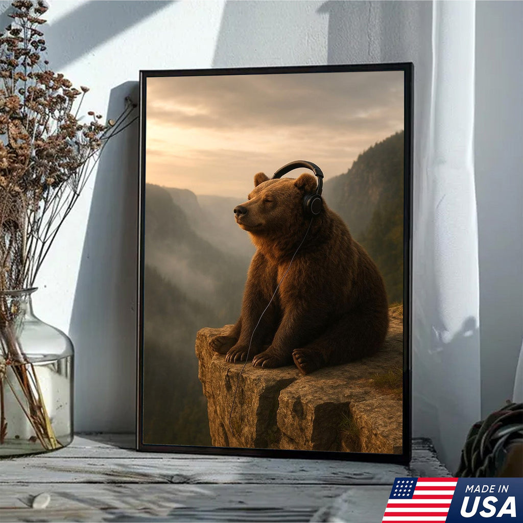 Funny Bear Wall Art, Chill Bear Canvas, Bear with Headphones Art