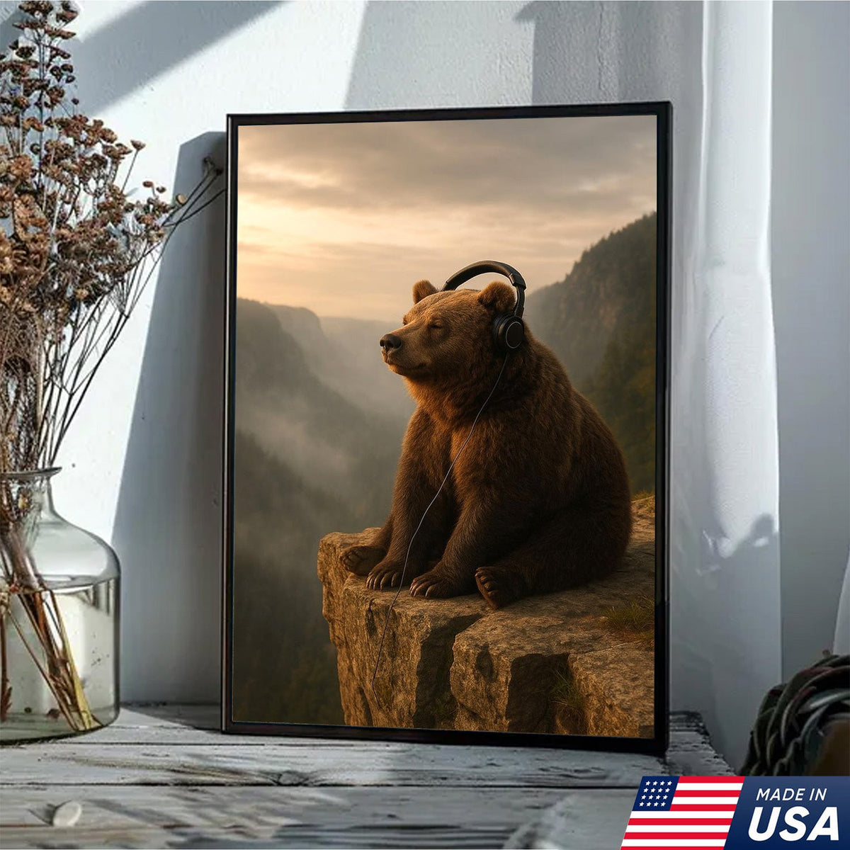 Funny Bear Wall Art, Chill Bear Canvas, Bear with Headphones Art