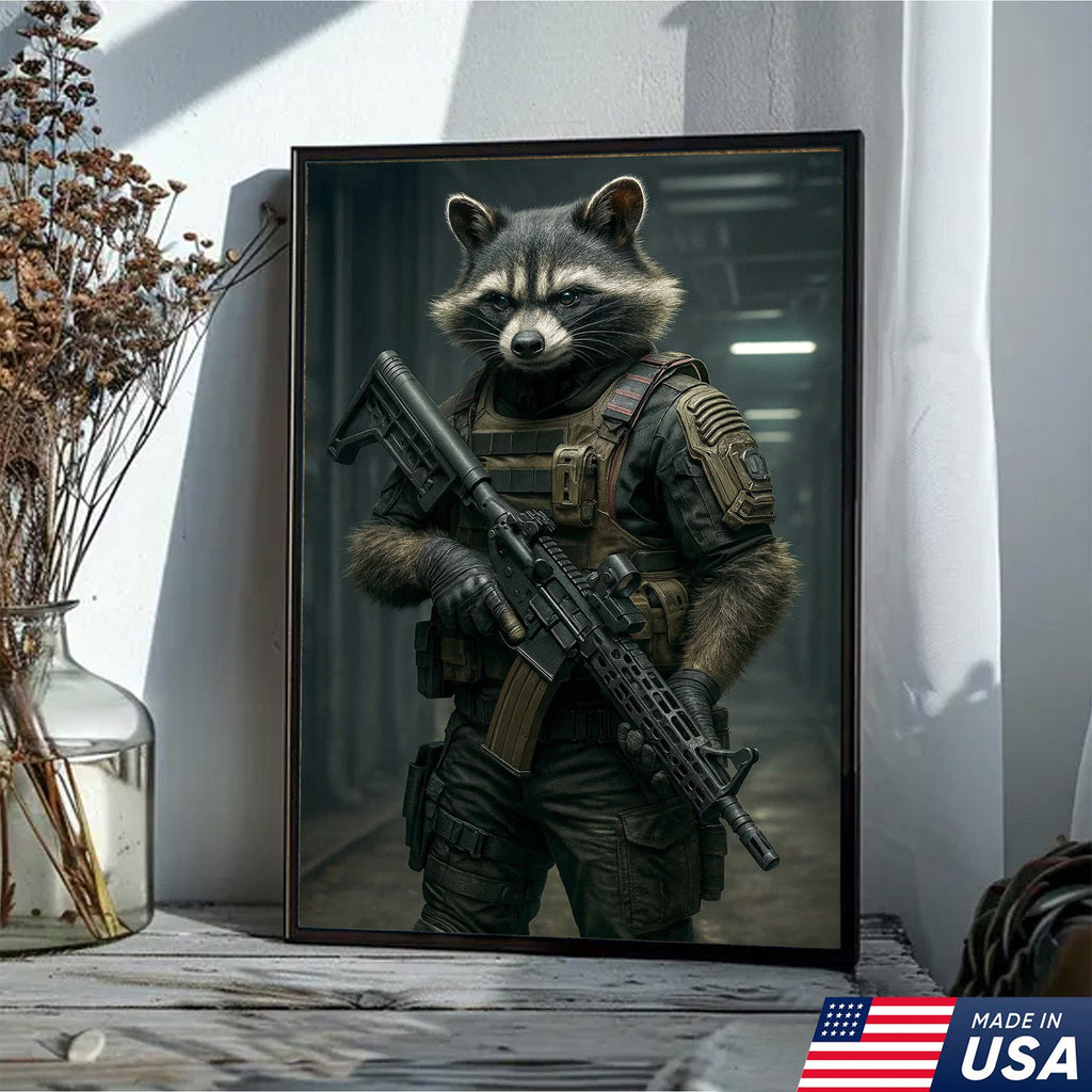 Tactical Raccoon Canvas Art – Elite Armored Trash Panda Warrior