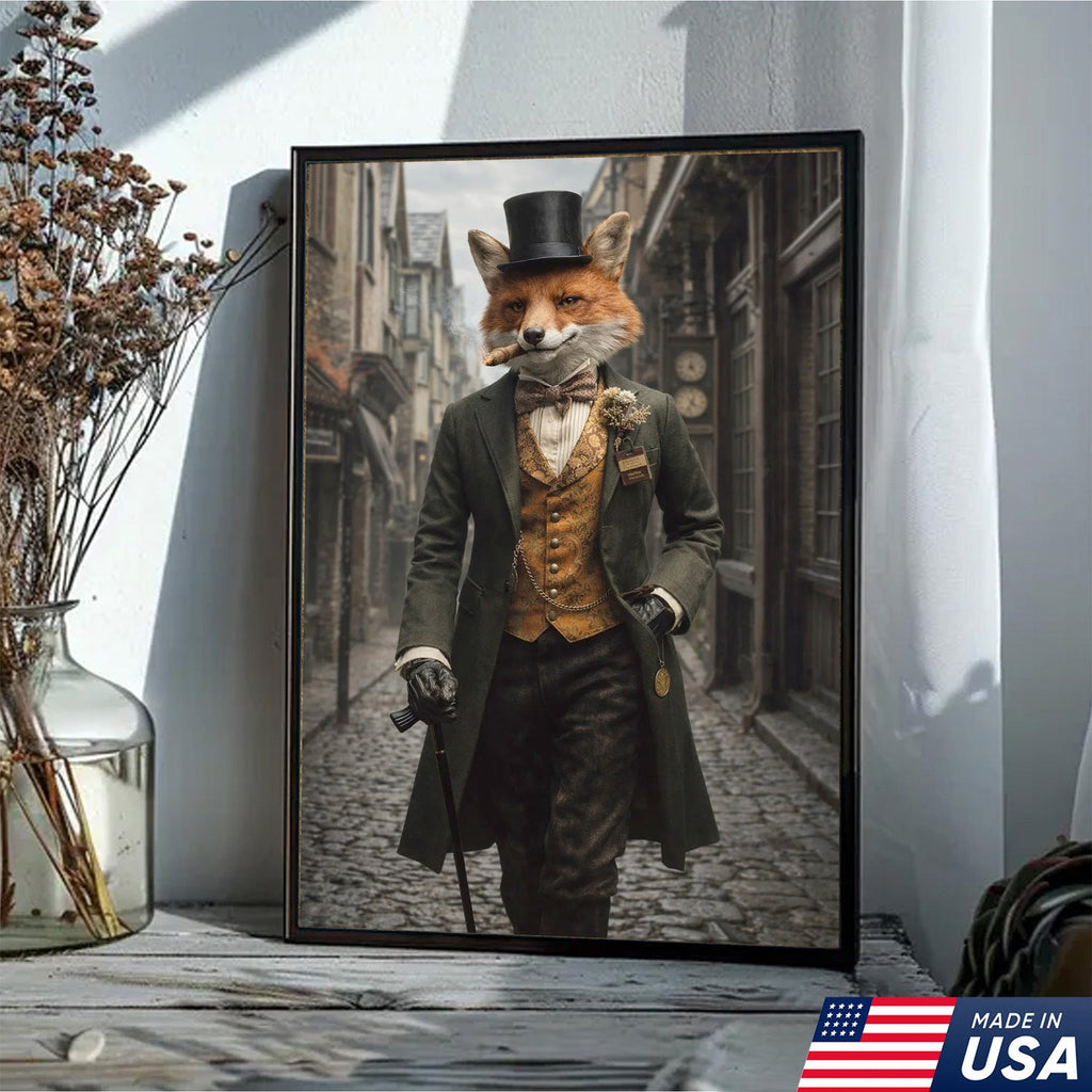 Victorian Gentleman Fox Canvas Wall Art, Elegant Anthropomorphic Fox Illustration