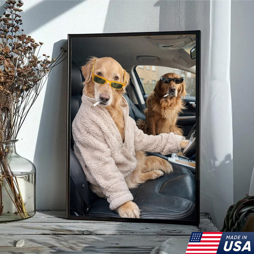 Funny Dog Driving Car Canvas Wall Art, Cool Golden Retriever Duo Portrait
