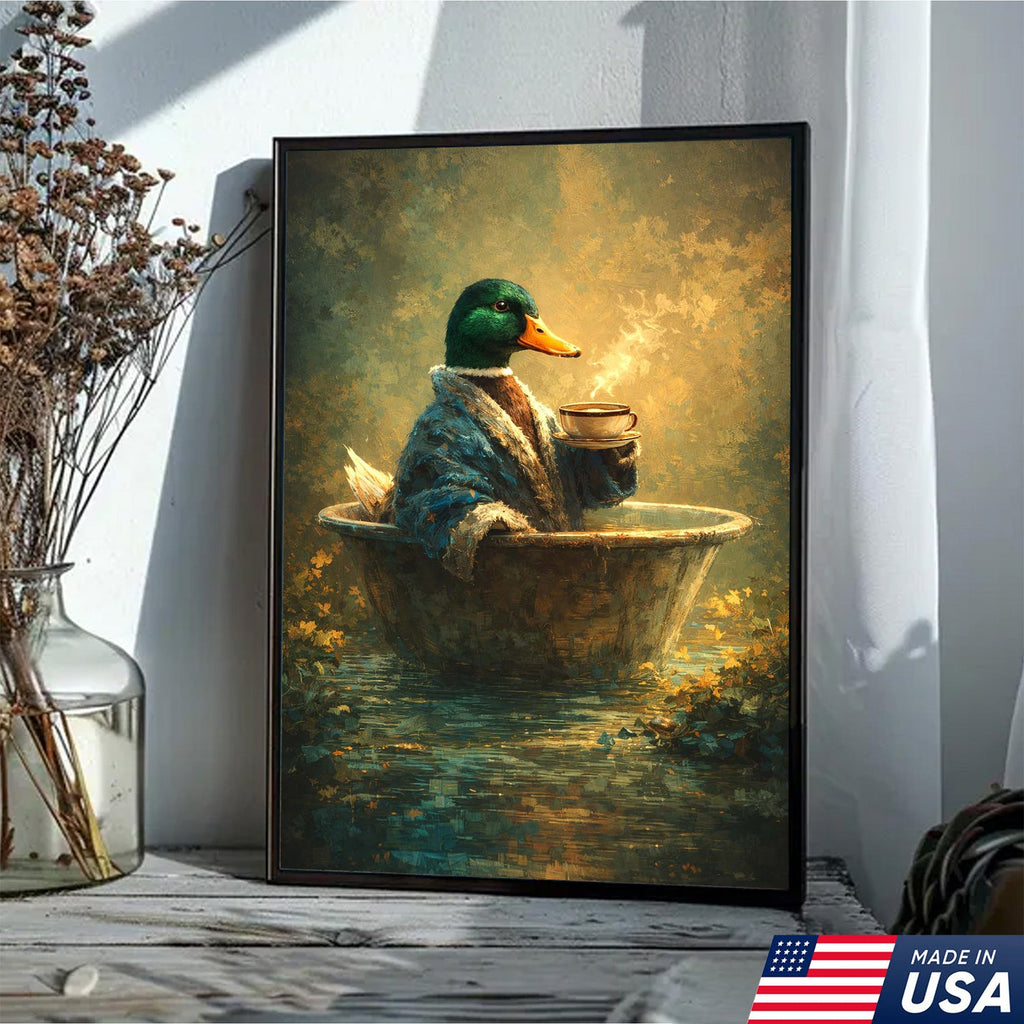 Whimsical Duck Coffee Bath Canvas Wall Art, Cozy Animal Painting