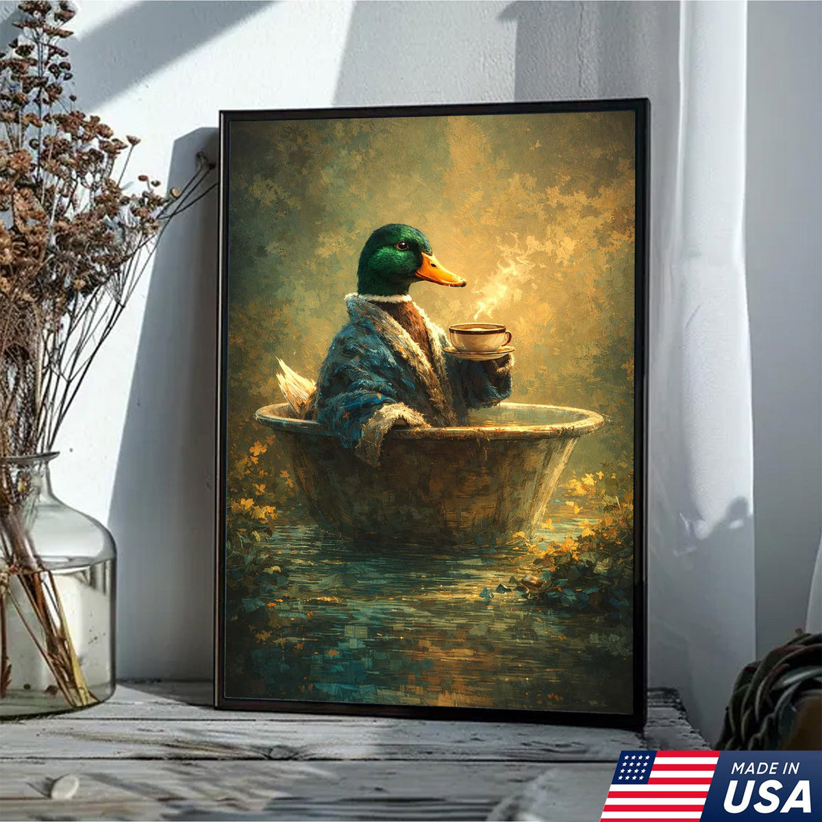 Whimsical Duck Coffee Bath Canvas Wall Art, Cozy Animal Painting