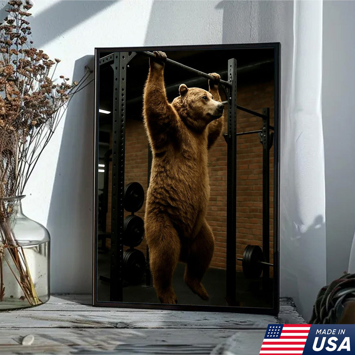 Gym Bear Canvas Wall Art, Funny Workout Animal Art, Fitness Motivation Decor