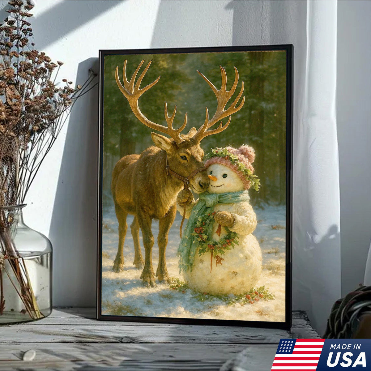 Reindeer and Snowman Friends Christmas Canvas Wall Art, Whimsical Winter Forest Holiday Print