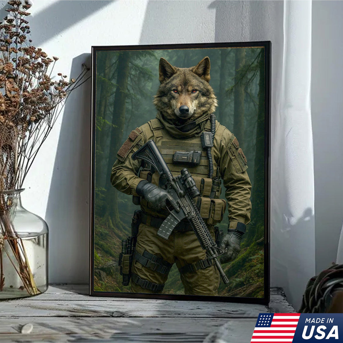 Tactical Wolf Canvas Art – Elite Armored Wolf Warrior in Forest