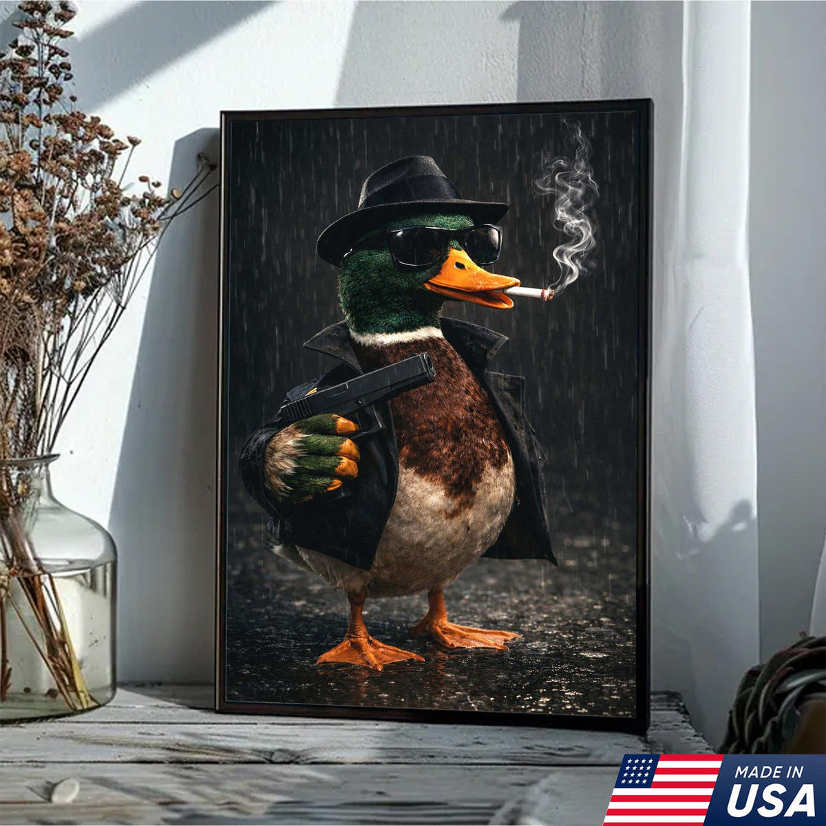 Noir Gangster Duck Canvas Wall Art, Dark Cinematic Animal Illustration