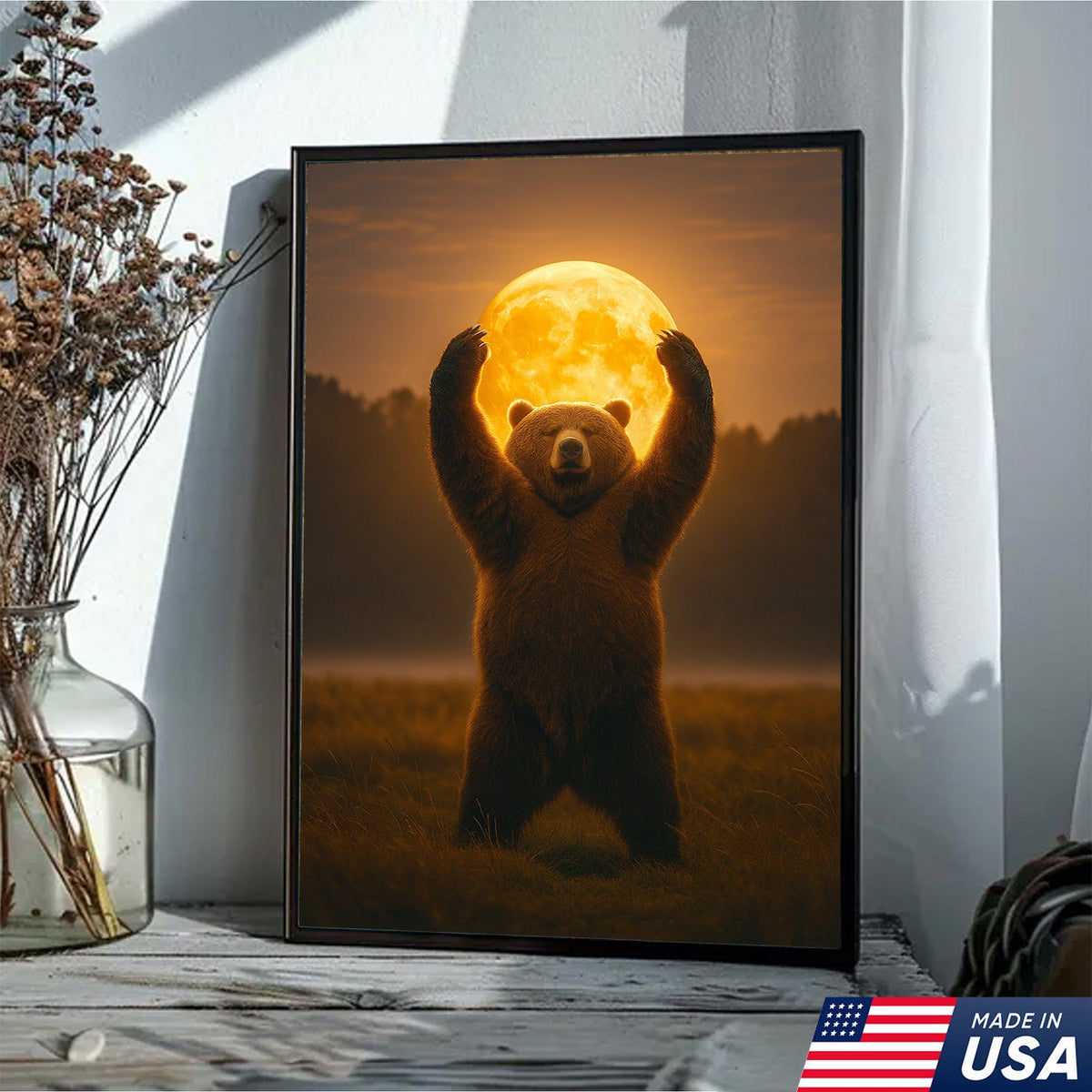Bear Holding the Full Moon Wall Art Canvas – Mystical Wildlife Decor for Cabin & Nature Lovers