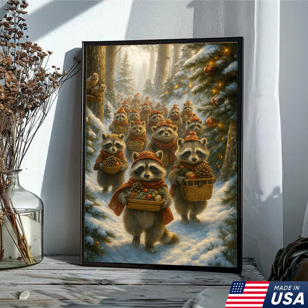 Raccoon Christmas Parade Canvas – Cozy Winter Woodland Wall Art