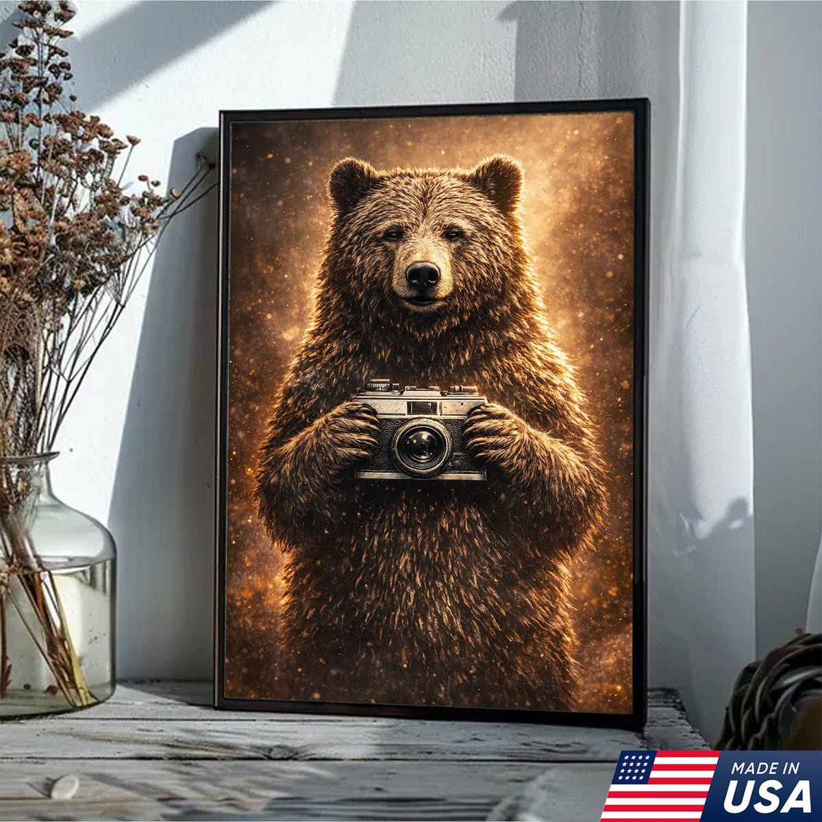 Funny Bear Photographer Wall Art Canvas – Rustic Wildlife Camera Canvas Print Decor