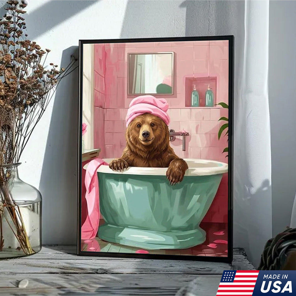 Funny Bear Bathroom Wall Art, Cute Bath Bear Canvas, Pink Bathroom Decor