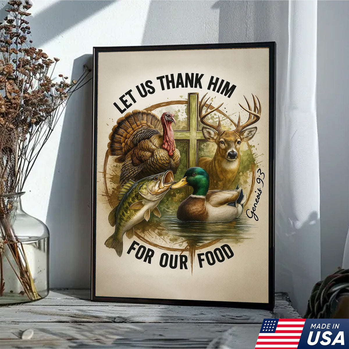 Christian Hunting Canvas Wall Art — “Let Us Thank Him For Our Food” with Deer, Turkey, Duck & Fish
