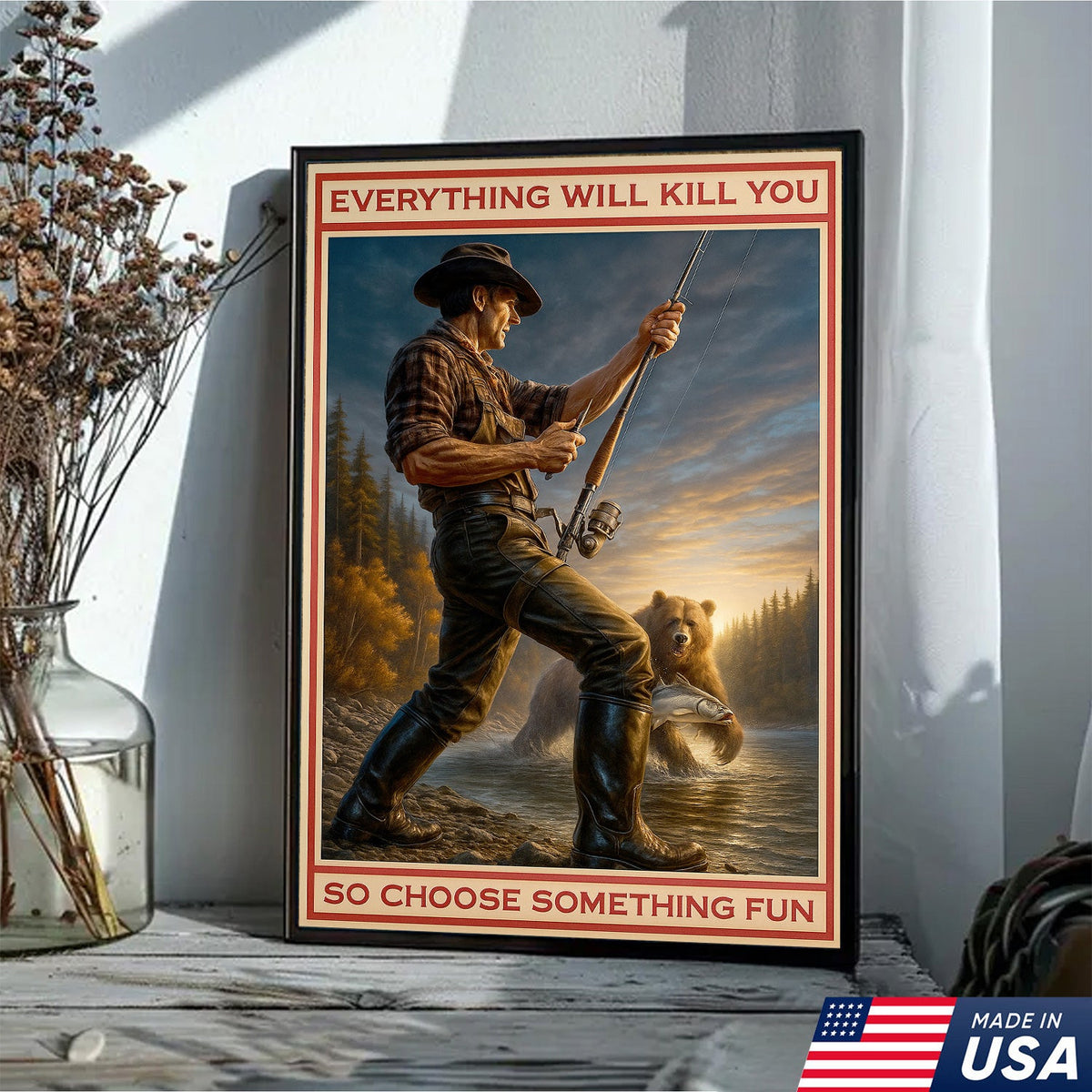 Everything Will Kill You Bear Fishing Canvas Wall Art– Funny Fishing & Bear Wall Art for Man Cave Decor