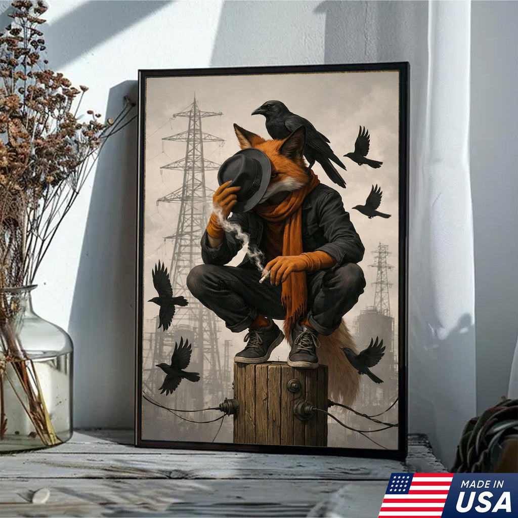 Urban Fox and Raven Canvas Wall Art, Industrial Fantasy Fox Illustration