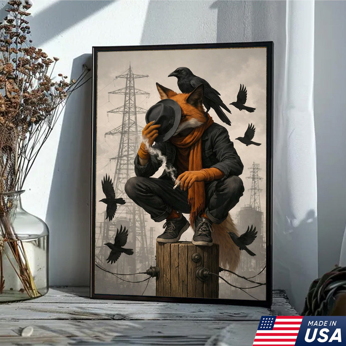 Urban Fox and Raven Canvas Wall Art, Industrial Fantasy Fox Illustration