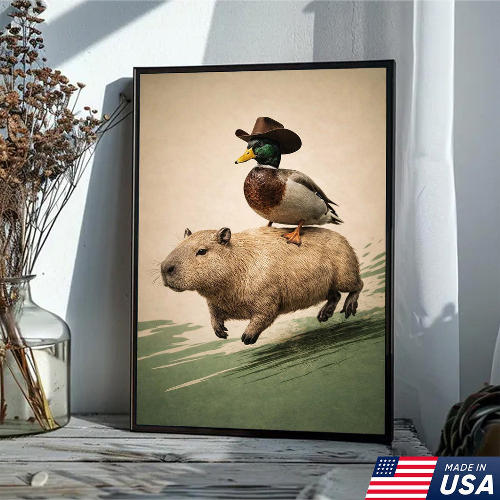 Whimsical Cowboy Duck Riding Capybara Canvas Wall Art, Surreal Animal Adventure Painting