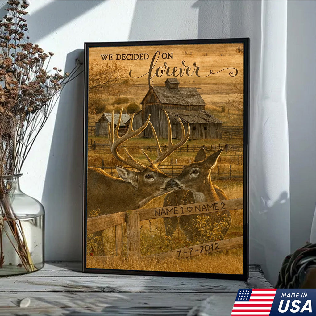 Rustic Deer Couple Canvas Art – Personalized Farmhouse Buck & Doe Kissing Scene