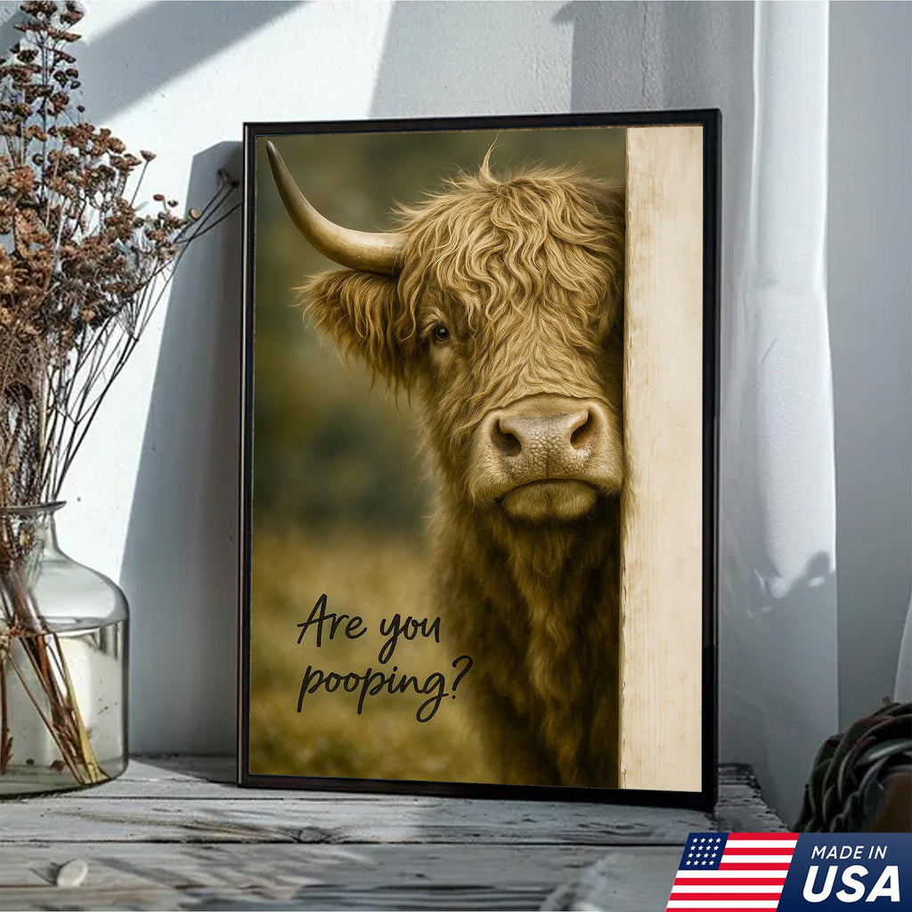 Highland Cow Bathroom Wall Art, Funny “Are You Pooping?” Farmhouse Canvas