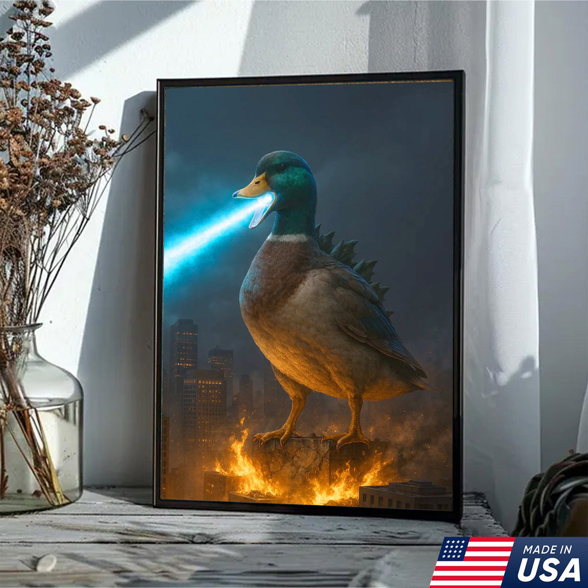 Duckzilla Canvas – Epic Monster Duck Breathing Blue Fire Over City, Funny Kaiju Parody Wall Art