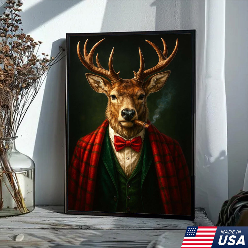 Smoking Deer Wall Art, Gentleman Buck Portrait, Rustic Cabin Decor, Funny Cigar Deer Print