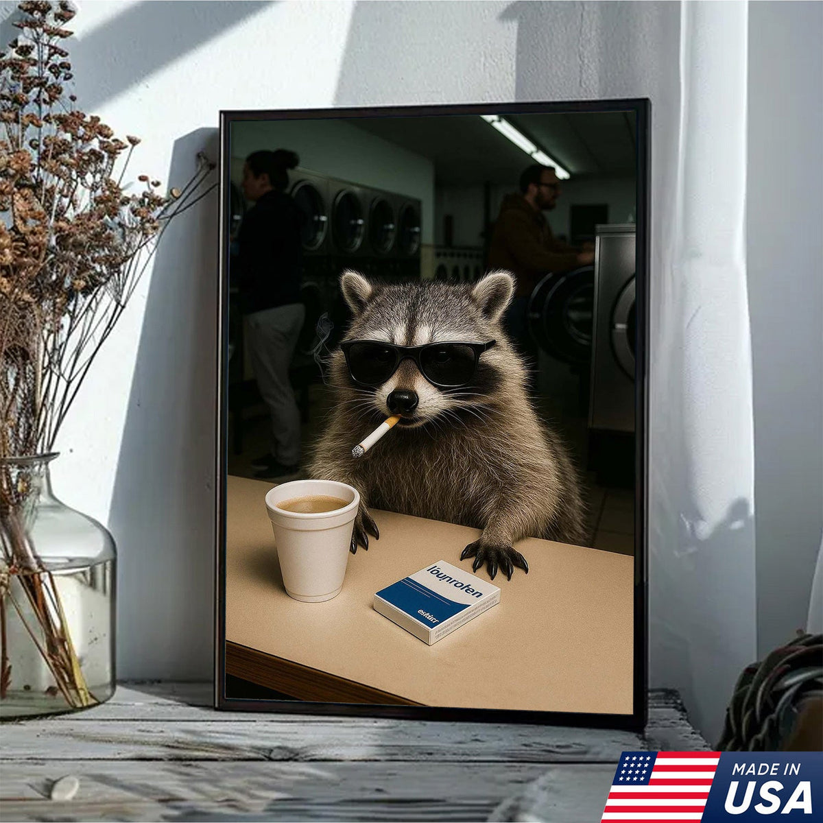 Cool Raccoon Laundromat Canvas Wall Art, Funny Coffee Drinking Raccoon Print