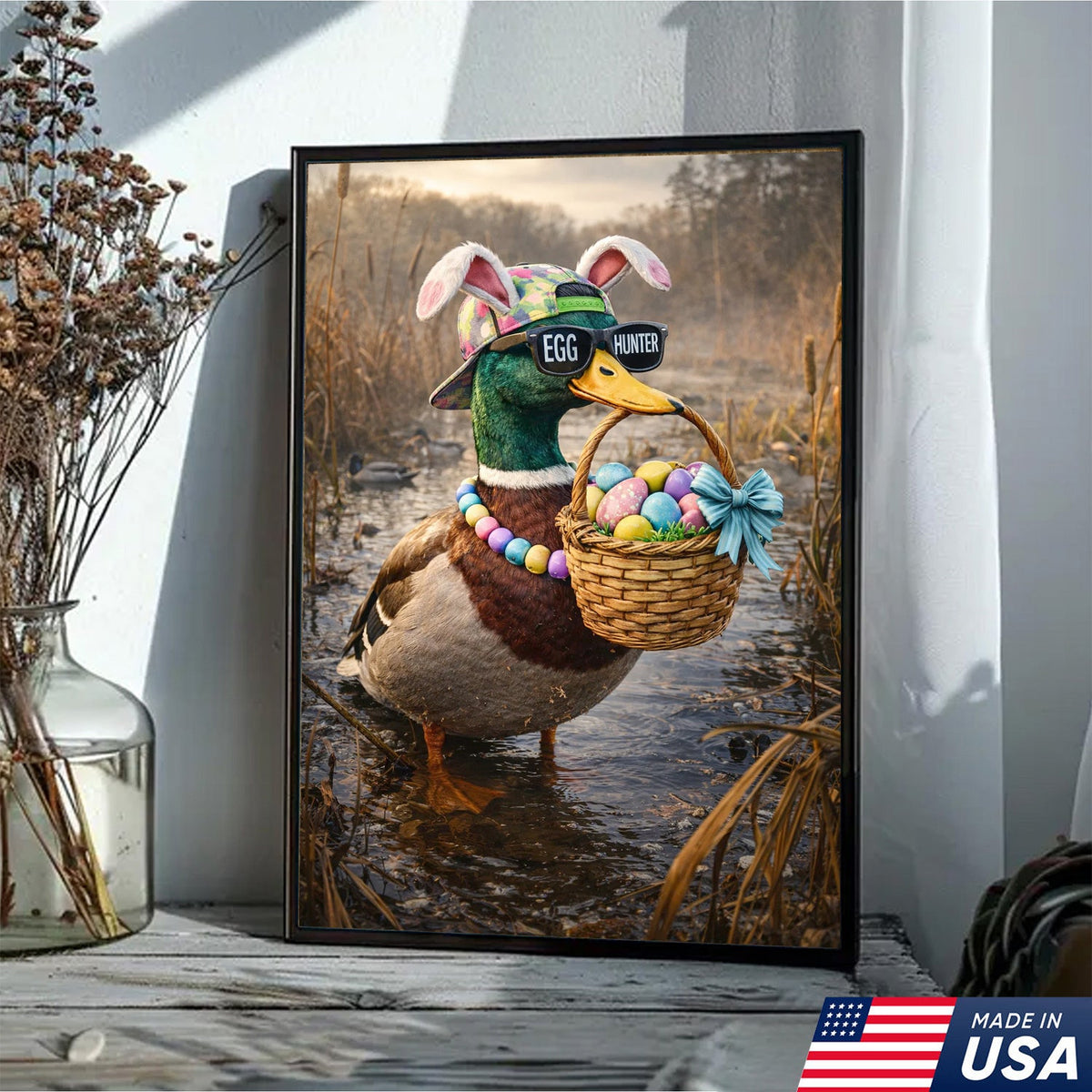 Funny Easter Duck Canvas Wall Art, Egg Hunter Mallard with Basket Portrait
