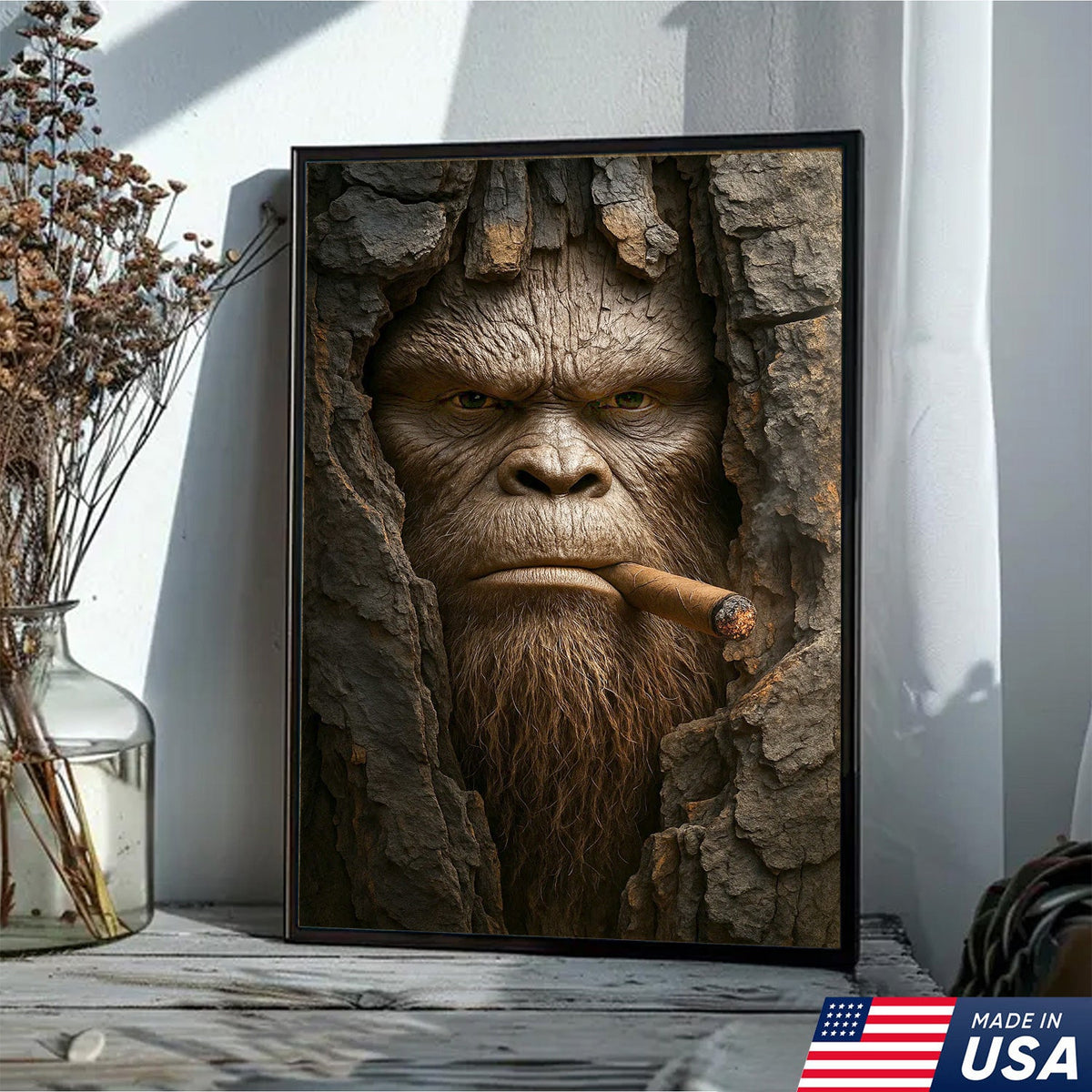 Bigfoot in the Woods Canvas Wall Art, Funny Sasquatch Portrait Artwork, Rustic Cabin Decor for Men