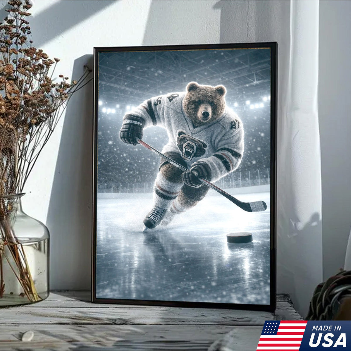 Epic Bear Ice Hockey Canvas Wall Art – Realistic Animal Athlete Print