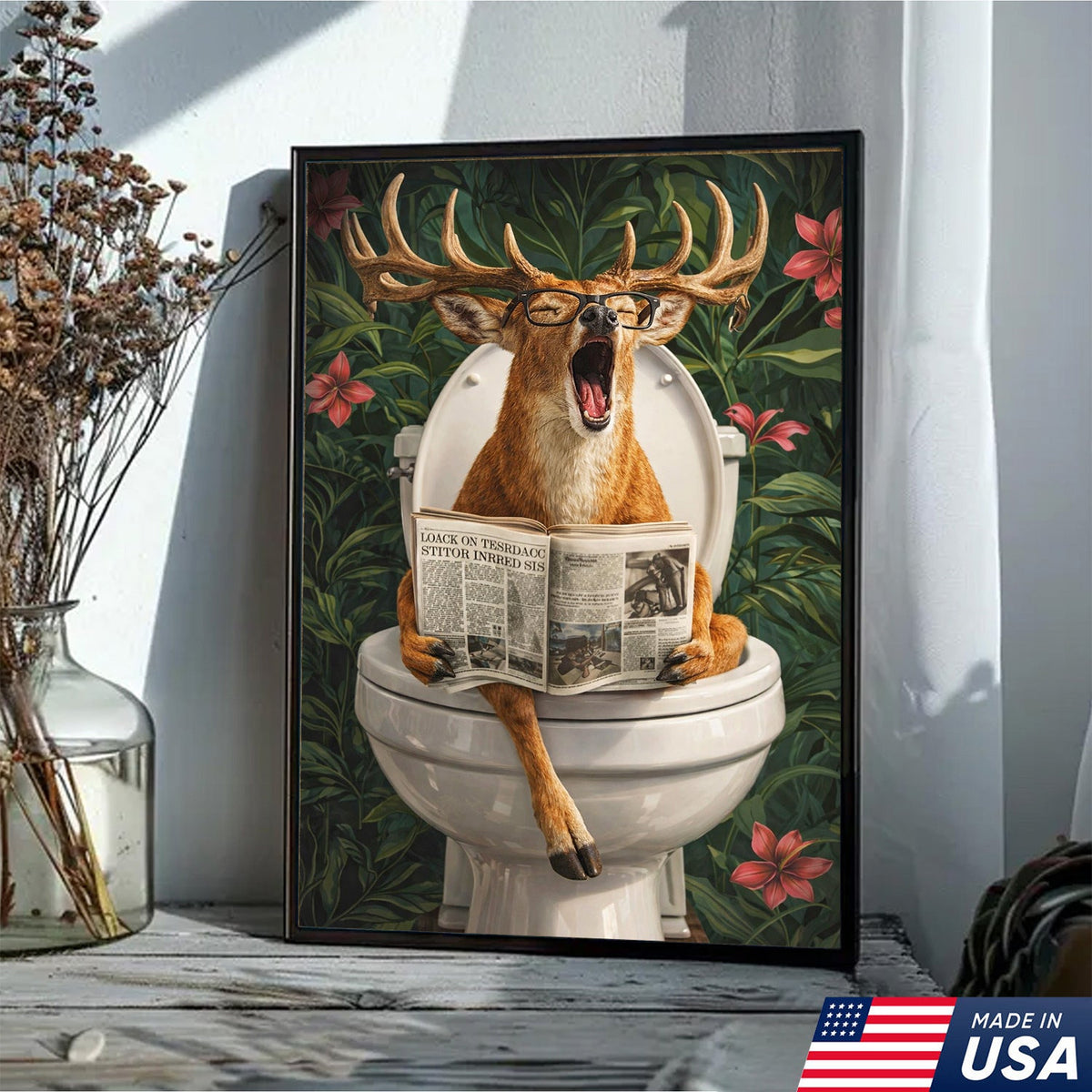 Funny Deer Toilet Canvas Wall Art – Humorous Animal Bathroom Decor with Newspaper