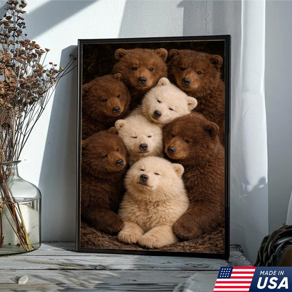Cute Bear Cubs Canvas Wall Art, Brown and White Bear Family Portrait