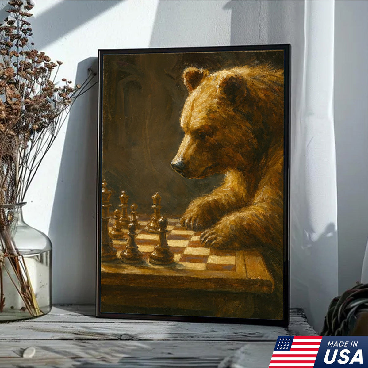 Rustic Bear Playing Chess Canvas Wall Art for Hunting Cabin or Lodge Decor, Wildlife Gift Idea