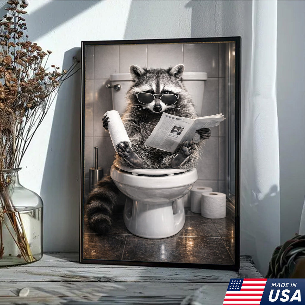 Raccoon Bathroom Humor Canvas – Funny Toilet Reading Wall Art for Restroom Decor