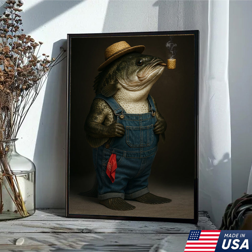 Funny Fisherman Bass Canvas, Rustic Fishing Wall Art, Humorous Country Fish Lover Decor